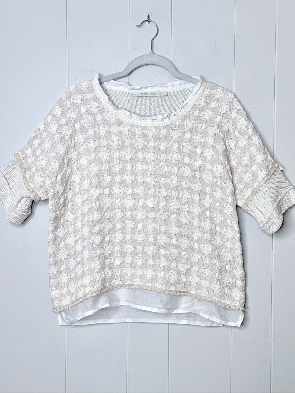 Beate Heymann Textured Crochet Short Sleeve Mixed Media Shirt Cream Ivory 8
